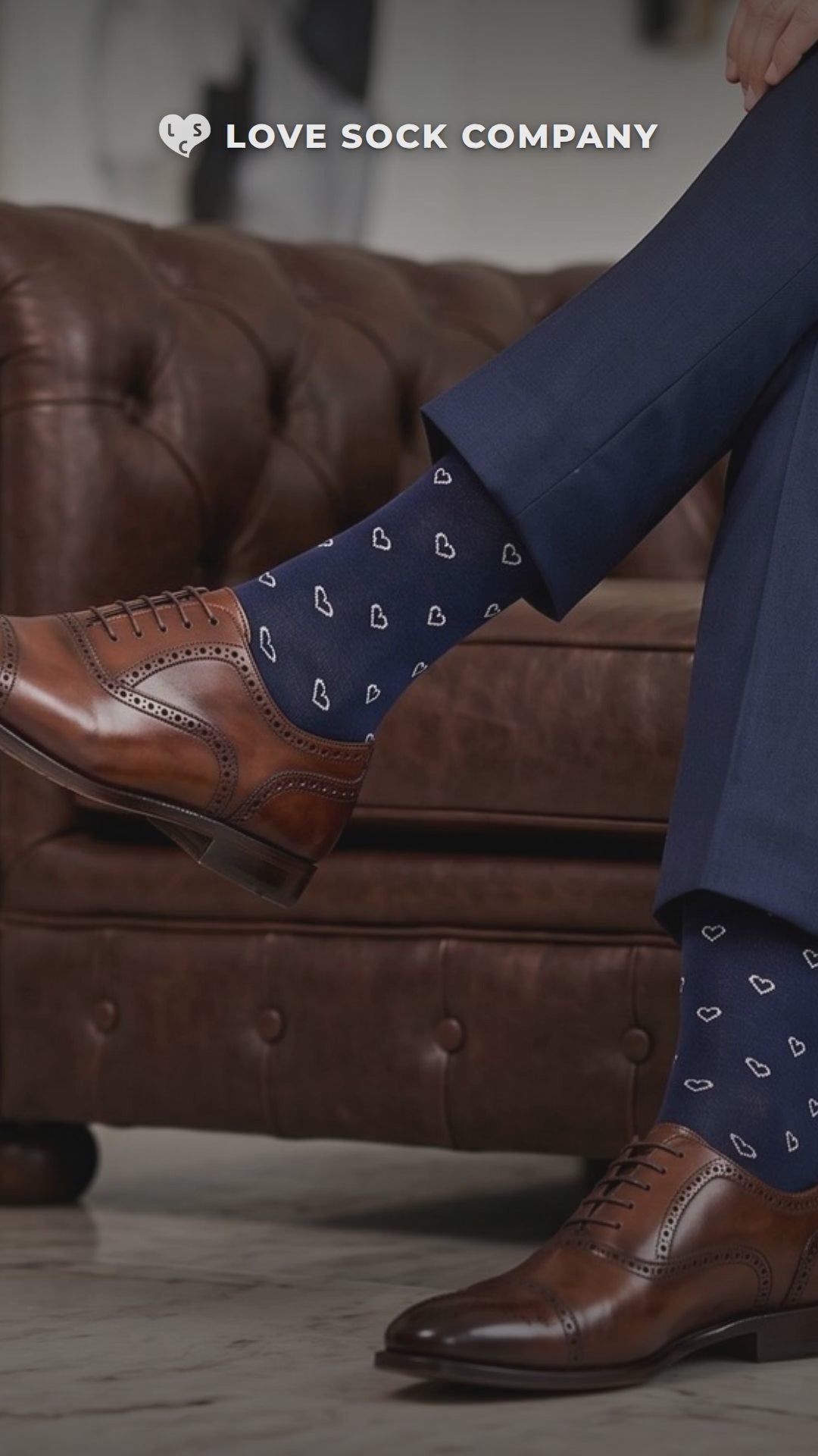 Video of Love Sock Company Mini Hearts Navy men's dress socks, organic cotton