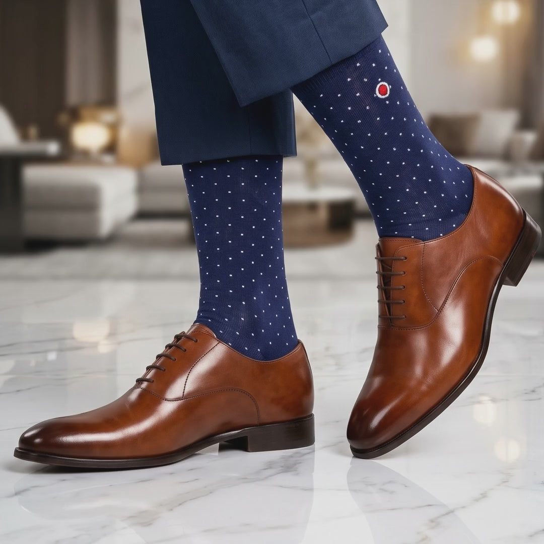 Video of Love Sock Company Men's Mid-Calf Dress Socks - Biz Dots Navy