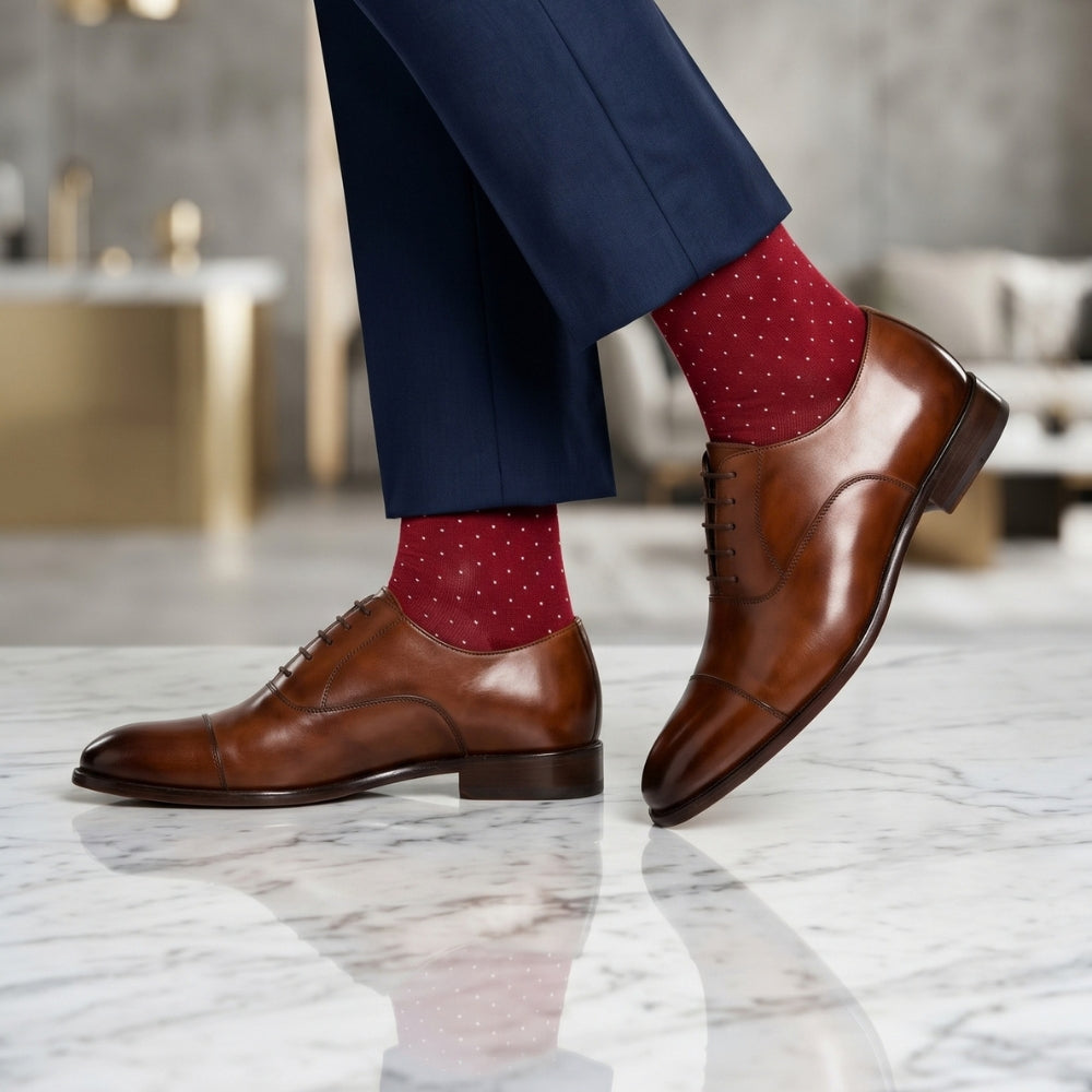Men's Biz Dots Burgundy mid-calf dress socks with brown dress shoes