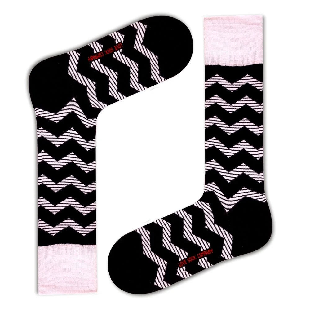 Zig Zag Dress Socks - Black, black and white zig zag stripe men&