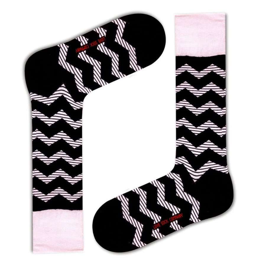 Zig Zag Dress Socks - Black, black and white zig zag stripe men's mid-calf dress socks - Love Sock Company