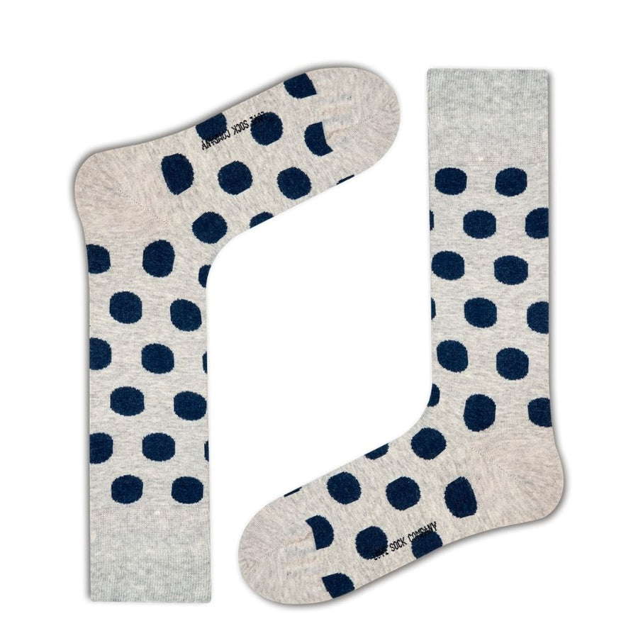 Men's gray navy blue big polka dots dress socks. Love Sock Company