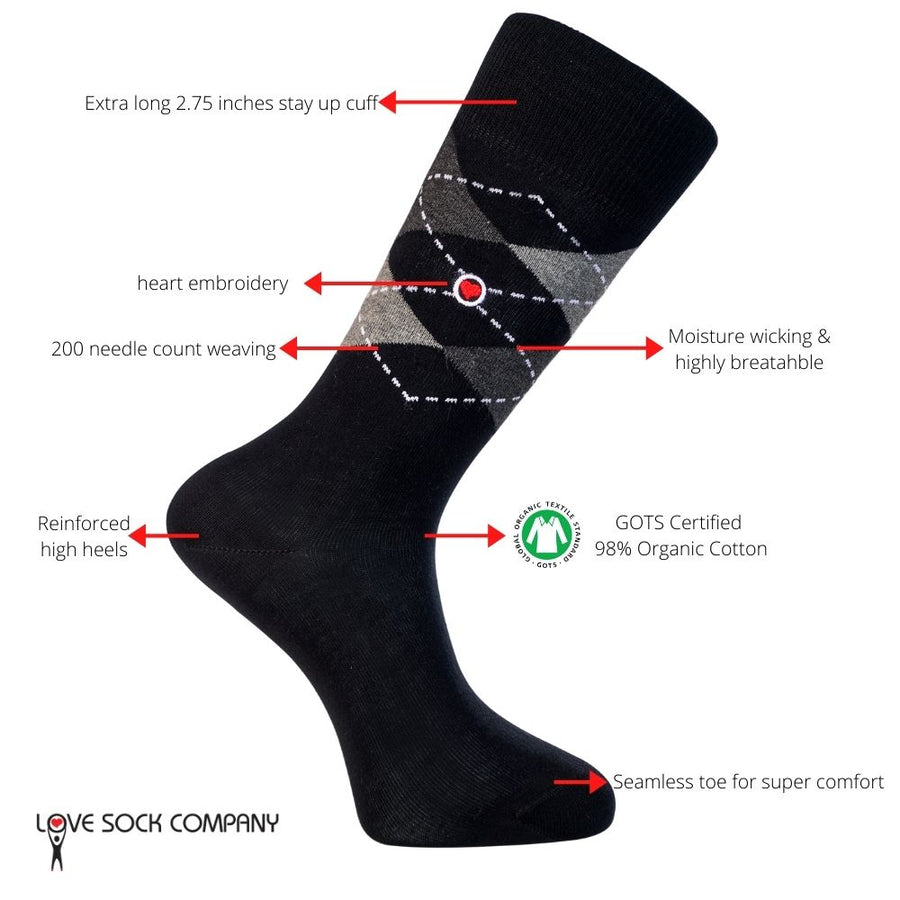 Men's Argyle Dress Socks Black Love Sock Company (M) - LOVE SOCK COMPANY