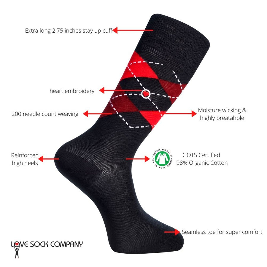 Men's Argyle Dress Socks Burgundy Navy Love Sock Company (M) - LOVE SOCK COMPANY