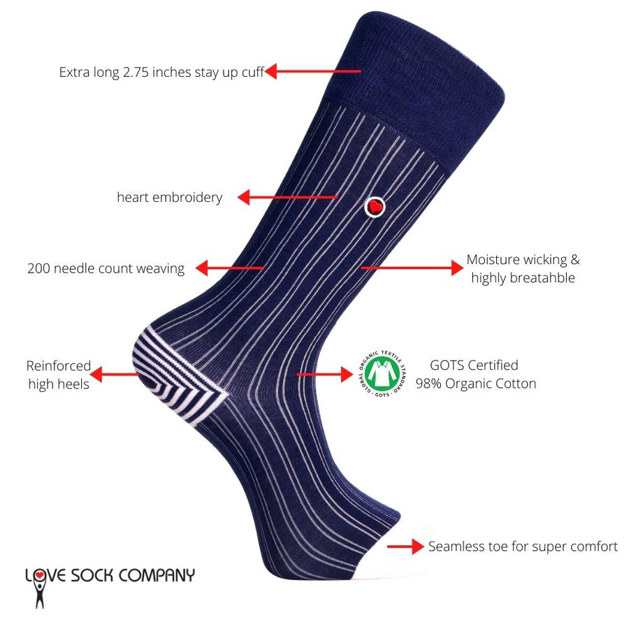 Men's Navy Ribbed Dress Socks With Stripes - Business Stripes (M) - LOVE SOCK COMPANY