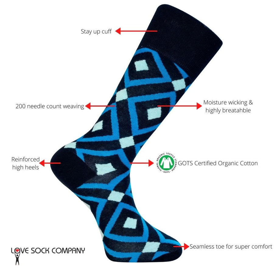 Love Sock Company Colorful Fun Patterned Men's Dress Socks Mirrors Blue (M) - LOVE SOCK COMPANY