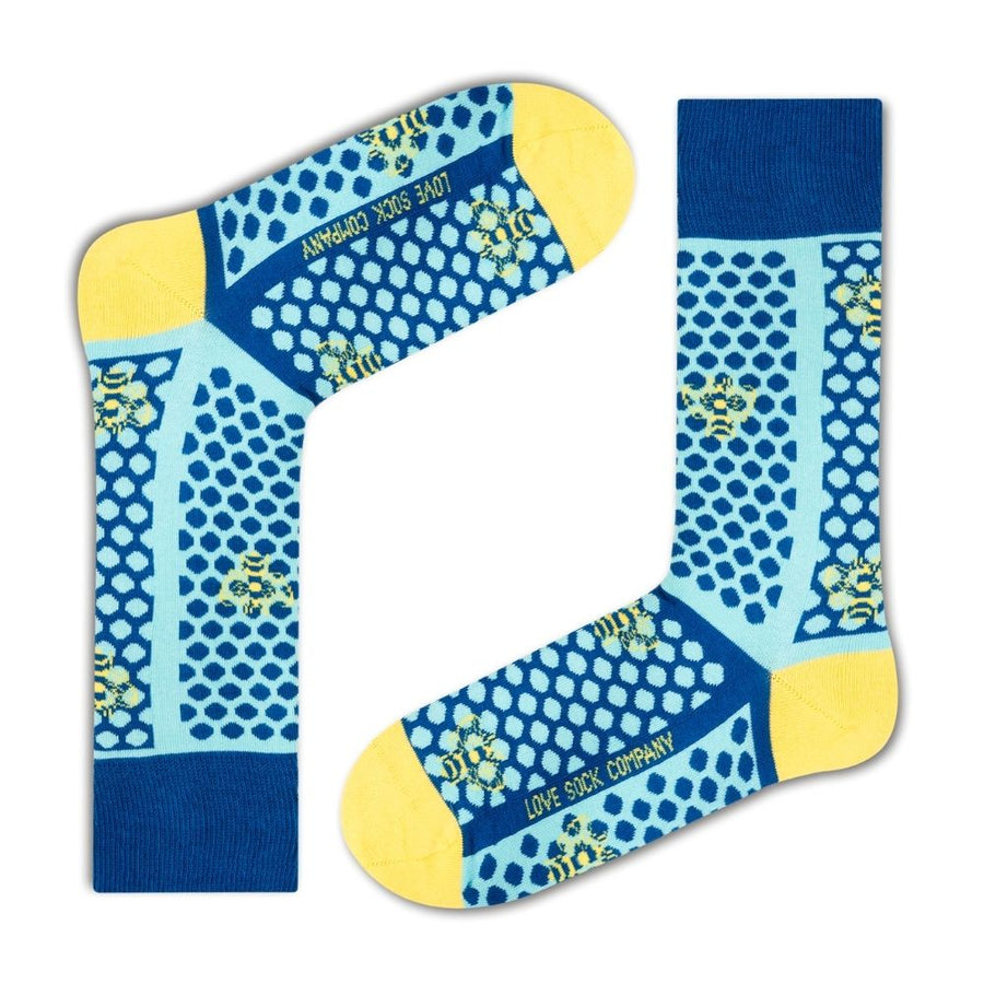 Love Sock Company Colorful Bee Casual Dress Socks Blue (M) - LOVE SOCK COMPANY