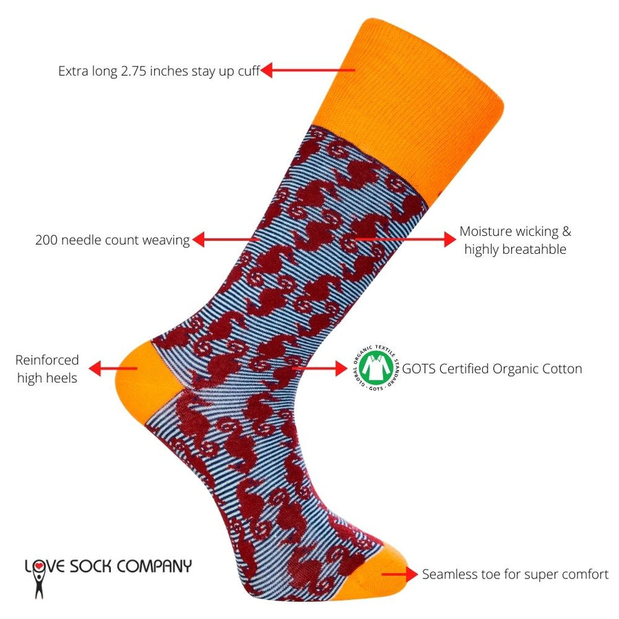 Love Sock Company Colorful Striped Patterned Men's Dress Socks Seahorse Navy (M) - LOVE SOCK COMPANY