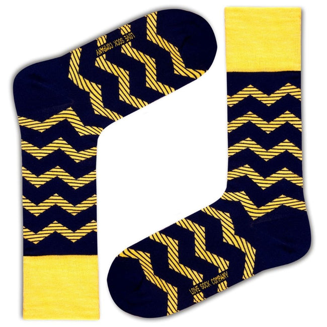 Men's Navy Yellow Dress Socks With Stripes - Zig Zag Yellow - LOVE SOCK COMPANY